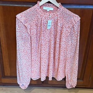 LOFT New Coral and White Printed Smocked-Neck Long Sleeve Blouse